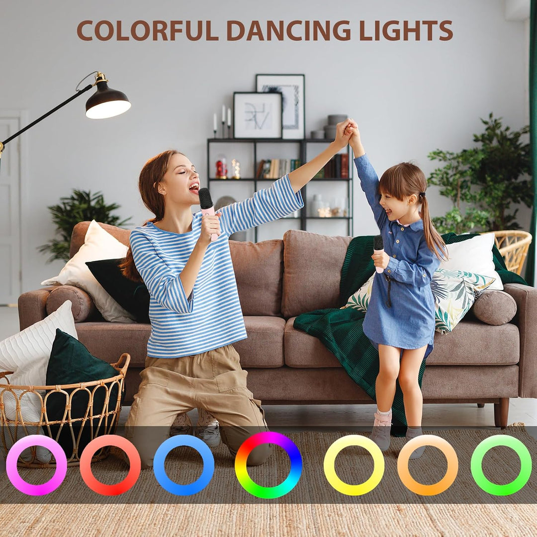 "Kids portable mini karaoke machine with wireless mics, LED lights, vibrant colors, fun for ages 3-12."