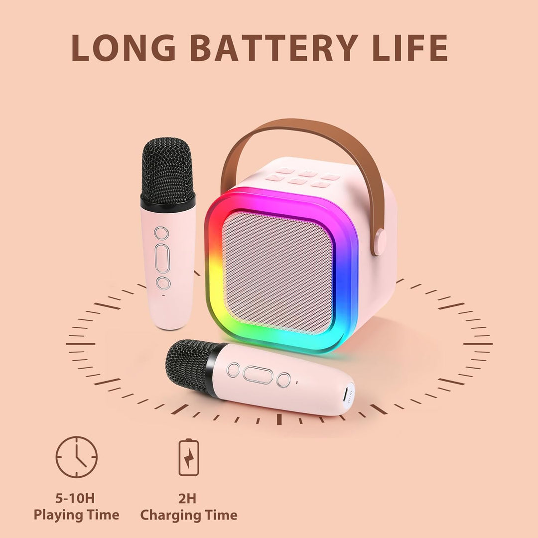"Kids portable mini karaoke machine with wireless mics, LED lights, vibrant colors, fun for ages 3-12."