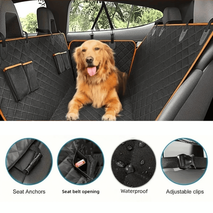 Large waterproof dog car seat hammock, black, covers backseat, protects from pet hair, dirt, scratches; easy-fit, anti-slip d