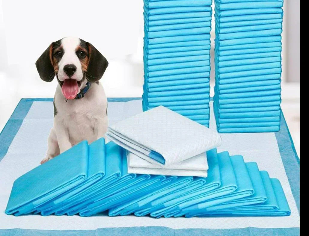 "Leak-proof potty training pads for dogs, featuring multi-layer design and non-slip bottom, shown on clean wooden floor."