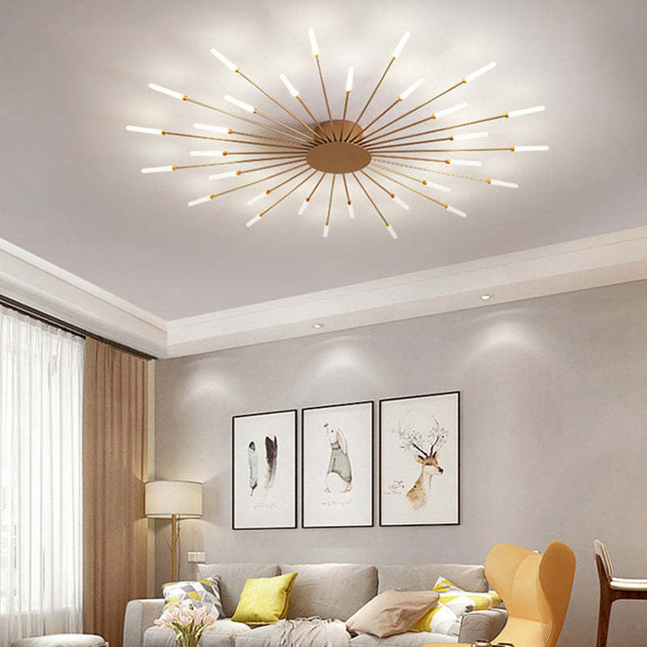 "LED fireworks design modern chandelier; metal ceiling lamp with multiple bulb configurations; black and gold options."