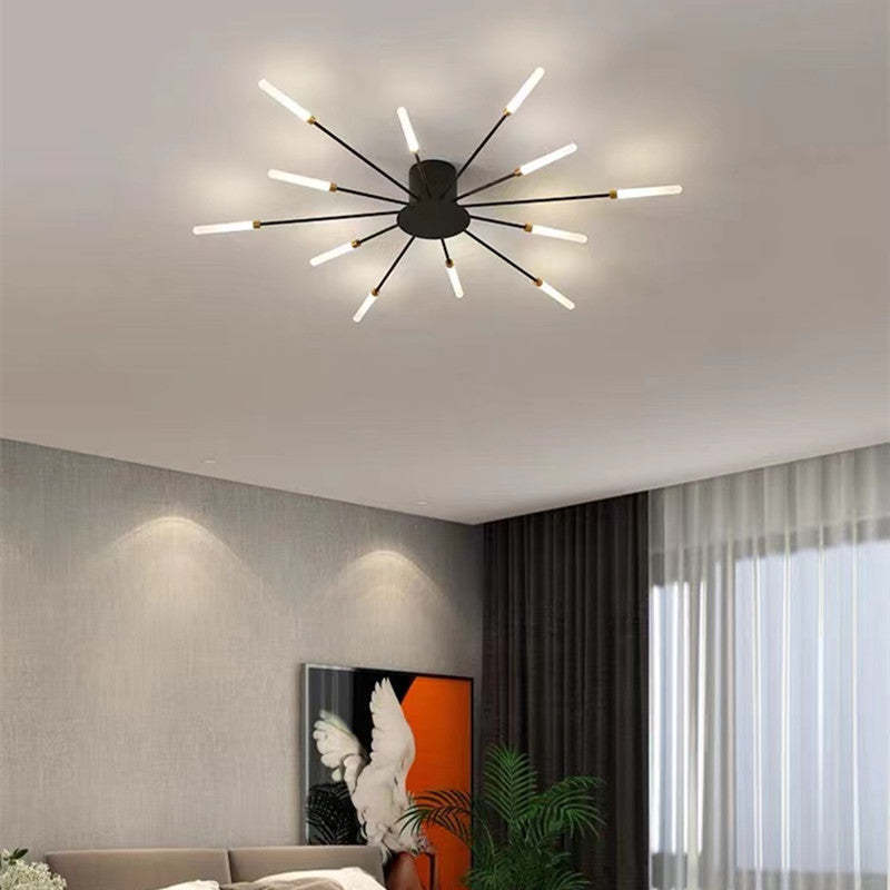 "LED fireworks design modern chandelier; metal ceiling lamp with multiple bulb configurations; black and gold options."