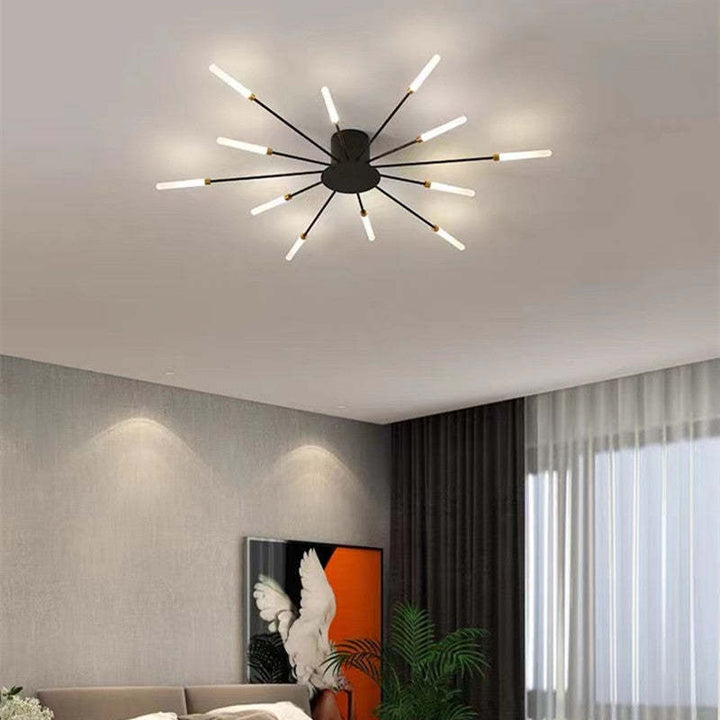 "LED fireworks design modern chandelier; metal ceiling lamp with multiple bulb configurations; black and gold options."
