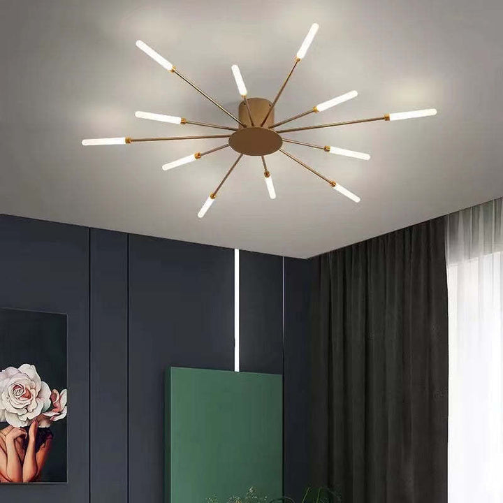 "LED fireworks design modern chandelier; metal ceiling lamp with multiple bulb configurations; black and gold options."