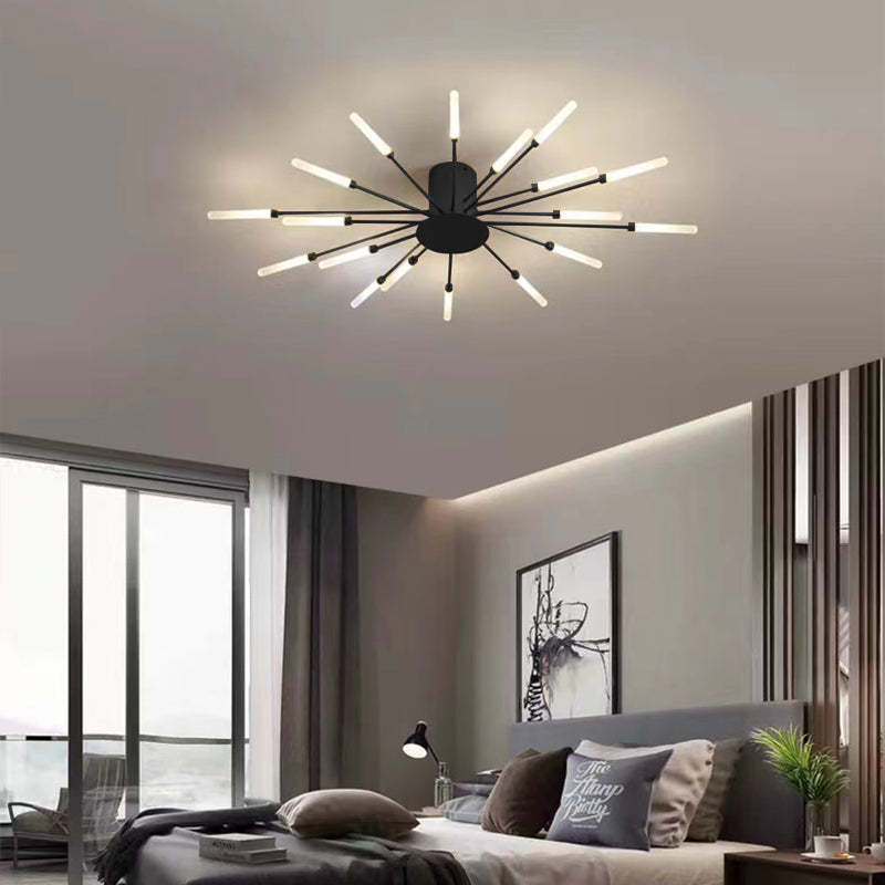 "LED fireworks design modern chandelier; metal ceiling lamp with multiple bulb configurations; black and gold options."