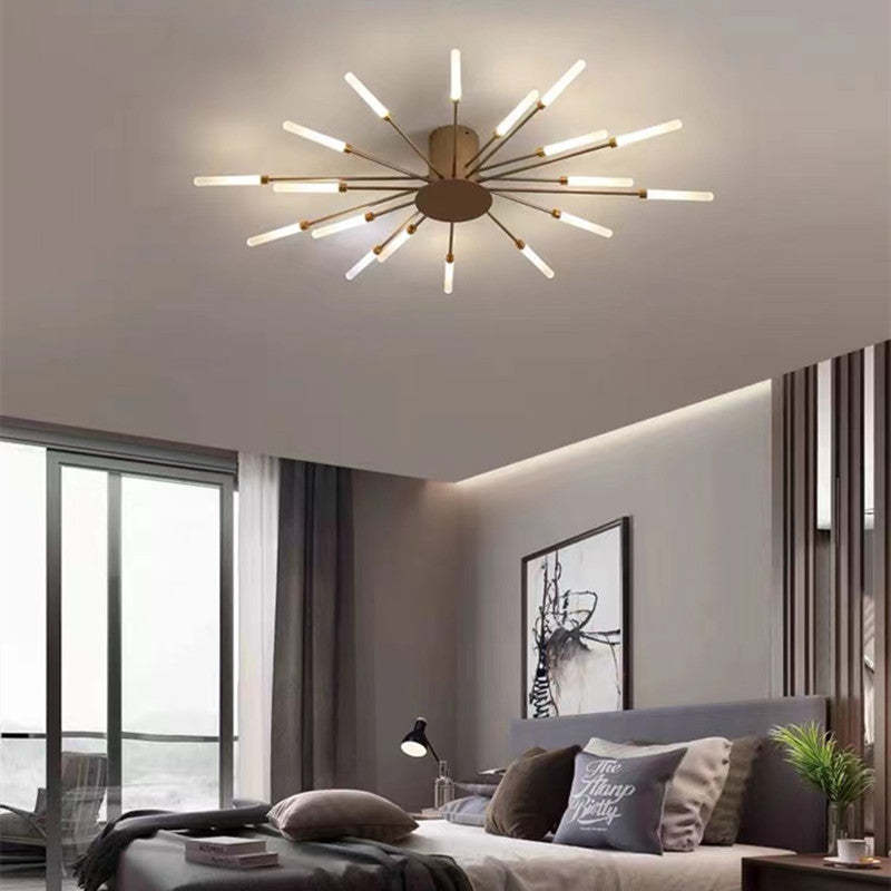 "LED fireworks design modern chandelier; metal ceiling lamp with multiple bulb configurations; black and gold options."