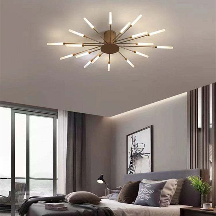 "LED fireworks design modern chandelier; metal ceiling lamp with multiple bulb configurations; black and gold options."
