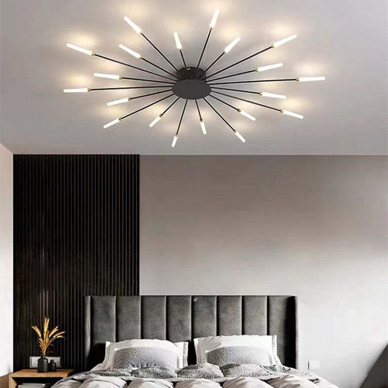 "LED fireworks design modern chandelier; metal ceiling lamp with multiple bulb configurations; black and gold options."