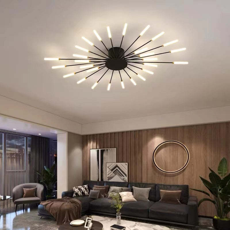 "LED fireworks design modern chandelier; metal ceiling lamp with multiple bulb configurations; black and gold options."