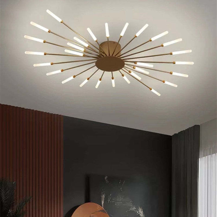 "LED fireworks design modern chandelier; metal ceiling lamp with multiple bulb configurations; black and gold options."