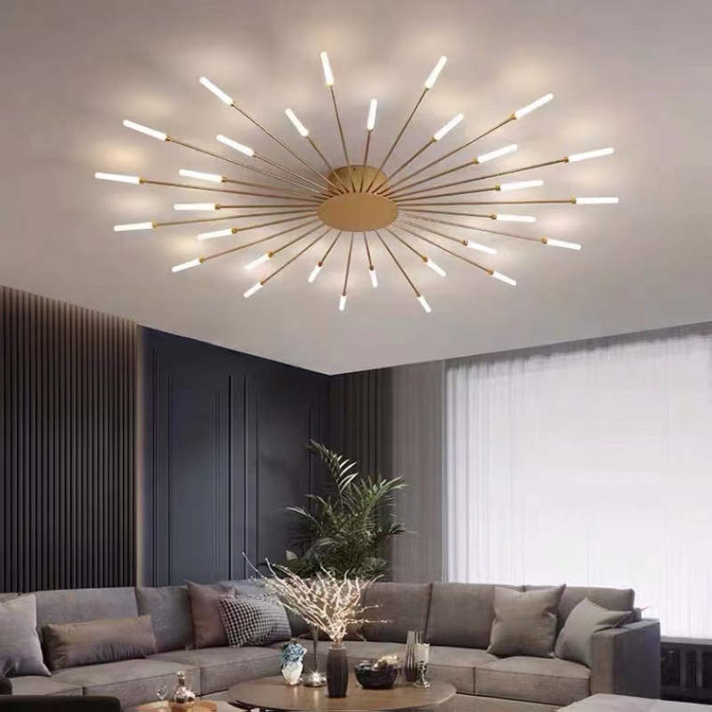 "LED fireworks design modern chandelier; metal ceiling lamp with multiple bulb configurations; black and gold options."