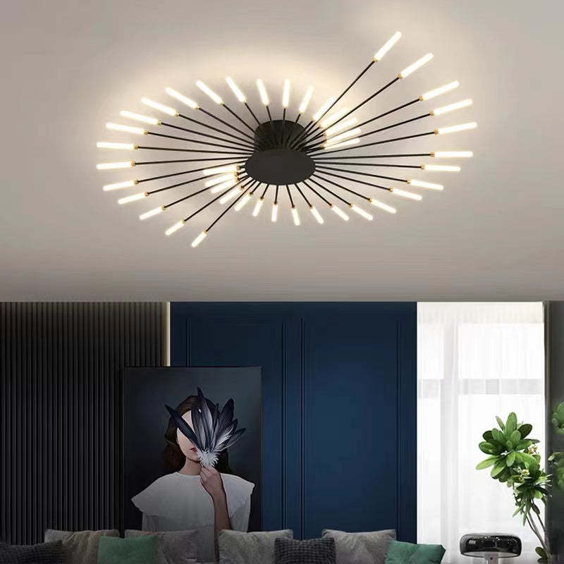 "LED fireworks design modern chandelier; metal ceiling lamp with multiple bulb configurations; black and gold options."