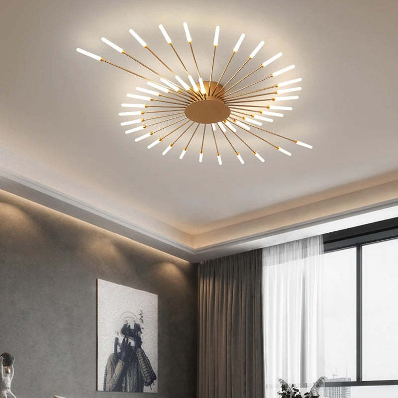 "LED fireworks design modern chandelier; metal ceiling lamp with multiple bulb configurations; black and gold options."
