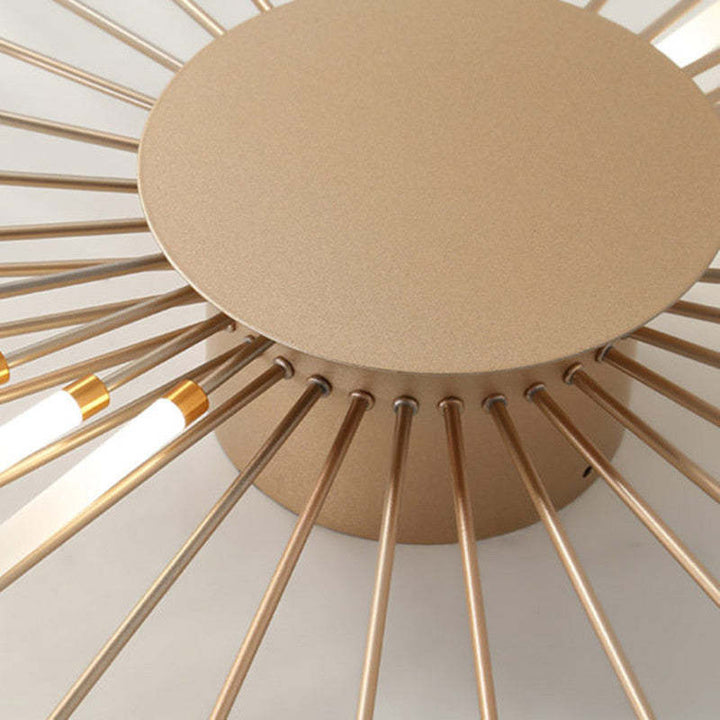"LED fireworks design modern chandelier; metal ceiling lamp with multiple bulb configurations; black and gold options."