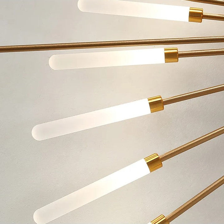 "LED fireworks design modern chandelier; metal ceiling lamp with multiple bulb configurations; black and gold options."