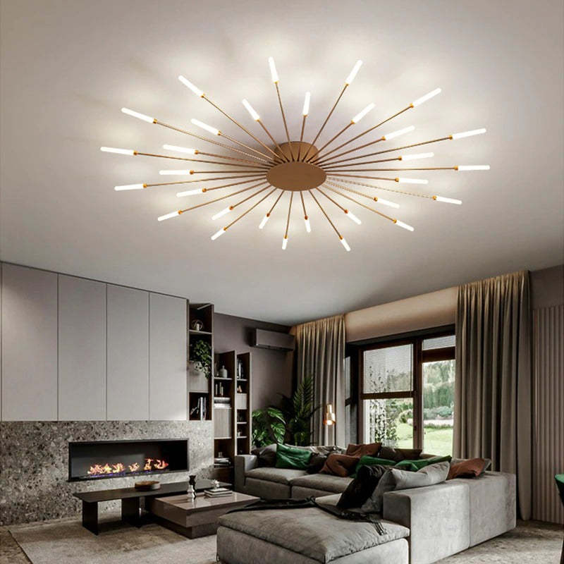 "LED fireworks design modern chandelier; metal ceiling lamp with multiple bulb configurations; black and gold options."