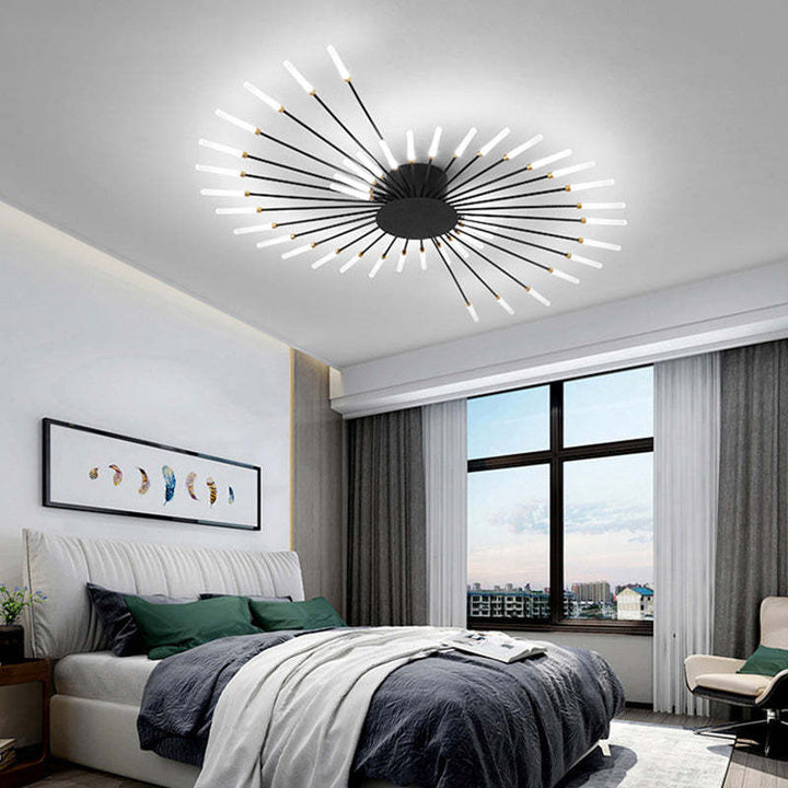 "LED fireworks design modern chandelier; metal ceiling lamp with multiple bulb configurations; black and gold options."