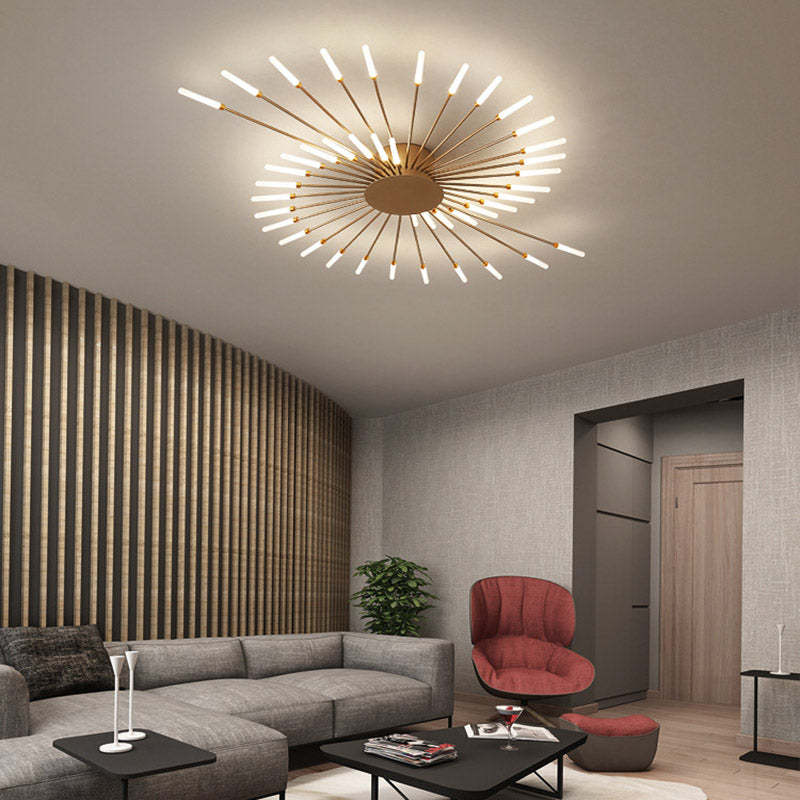 "LED fireworks design modern chandelier; metal ceiling lamp with multiple bulb configurations; black and gold options."