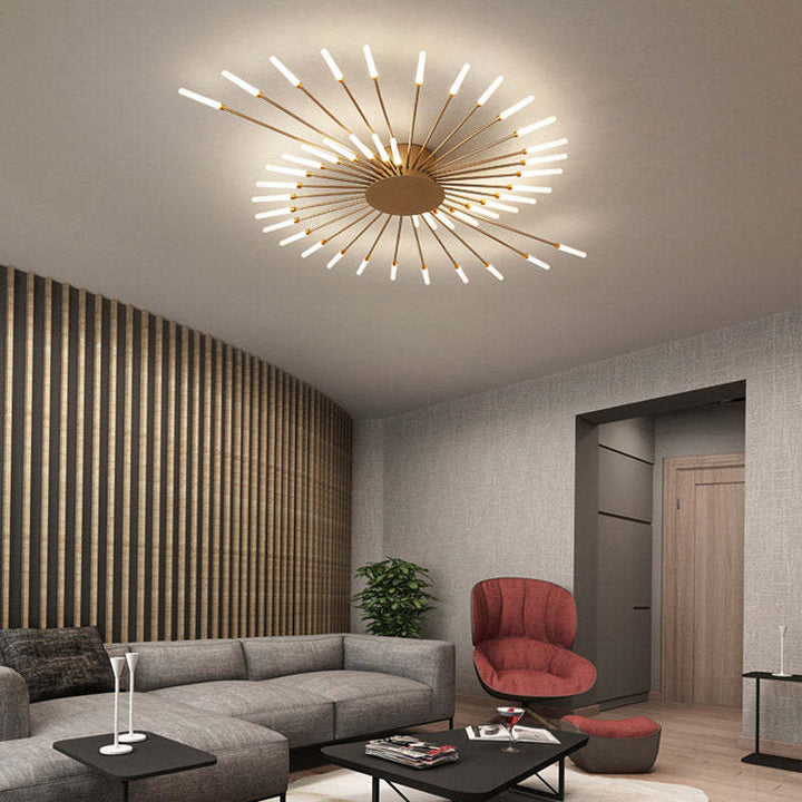 "LED fireworks design modern chandelier; metal ceiling lamp with multiple bulb configurations; black and gold options."