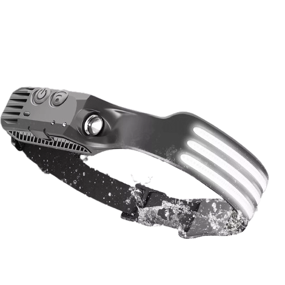 "LED headlamp with 230º beam, triple light modes, adjustable strap, ideal for camping and night running, emits up to 1500 lum