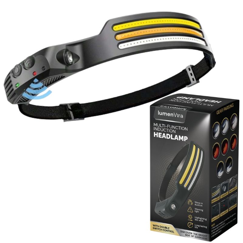"LED headlamp with 230º beam, triple light modes, adjustable strap, ideal for camping and night running, emits up to 1500 lum