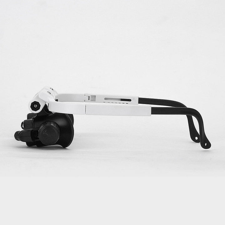 "LED-lit magnifier glasses with adjustable headband and up to 23x magnification for precision tasks and comfort."