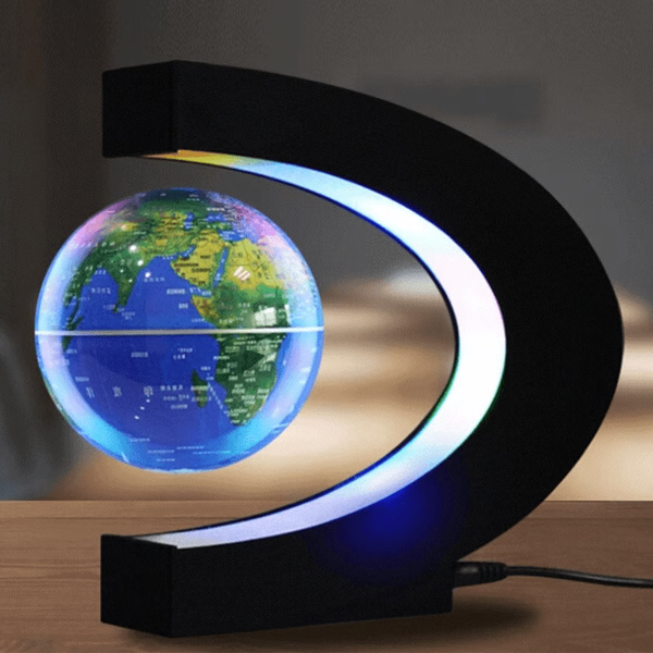 "LED magnetic floating globe hovering in a sleek C-shaped ring, illuminated by multicolored LED lights for home décor."