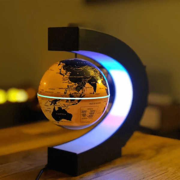 "LED magnetic floating globe hovering in a sleek C-shaped ring, illuminated by multicolored LED lights for home décor."