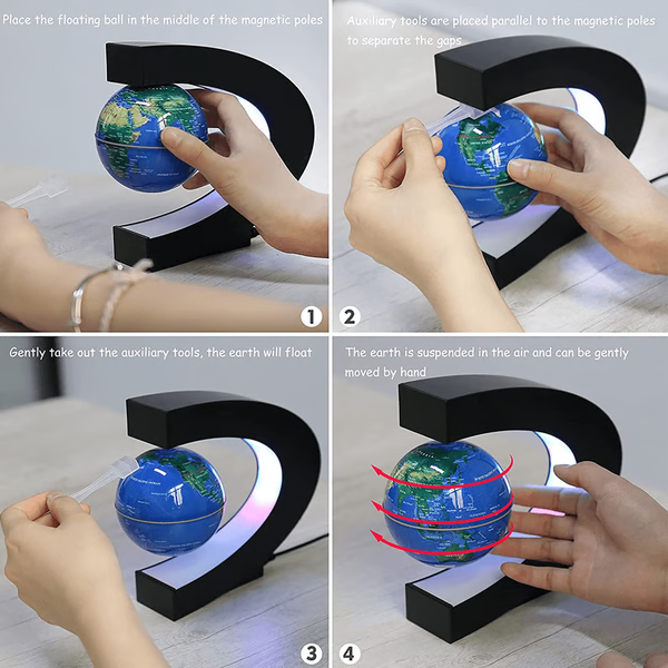 "LED magnetic floating globe hovering in a sleek C-shaped ring, illuminated by multicolored LED lights for home décor."