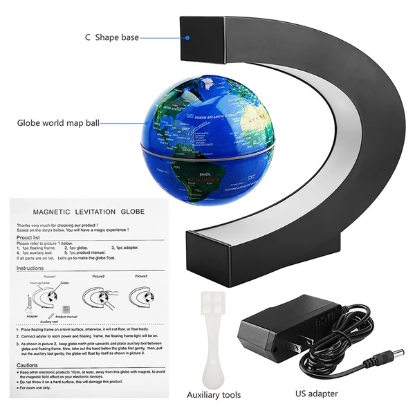 "LED magnetic floating globe hovering in a sleek C-shaped ring, illuminated by multicolored LED lights for home décor."