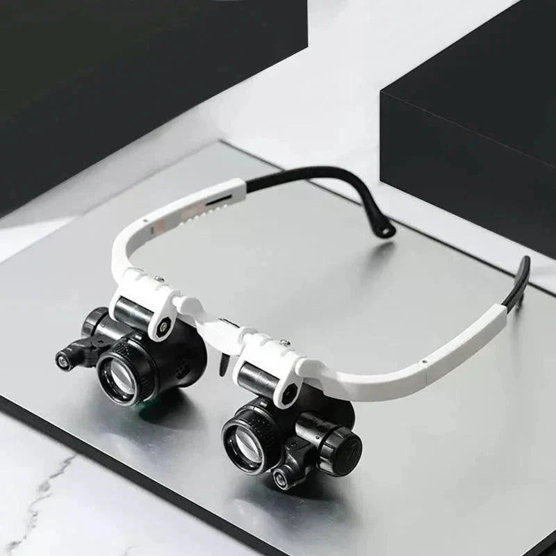 "LED magnifying glasses with adjustable 8x, 15x, 23x lenses and illuminated feature for precision work and detail viewing."