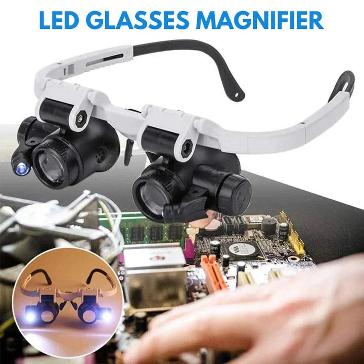 "LED magnifying glasses with adjustable 8x, 15x, 23x lenses and illuminated feature for precision work and detail viewing."