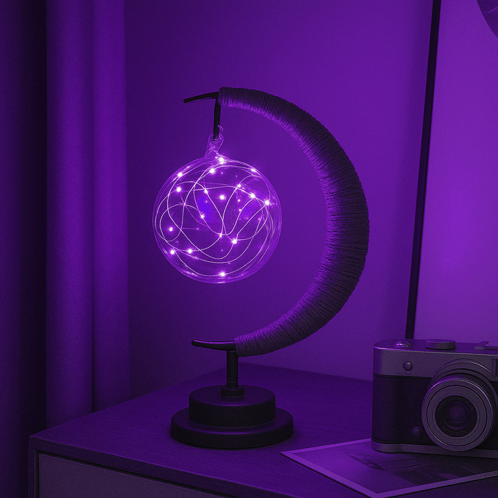 "LED Moon Star Night Light with hemp rope, moon-shaped, emits warm glow, ideal decor for cozy rooms, rustic charm."