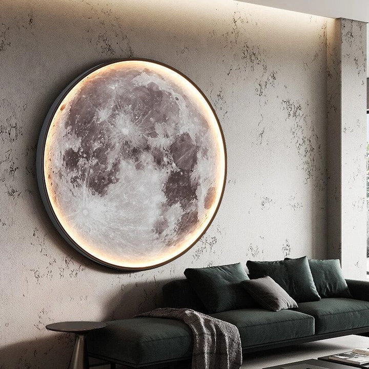"LED Moon Wall Lamp with serene glow, circular design, perfect for home decor in bedrooms and hallways, energy-efficient."