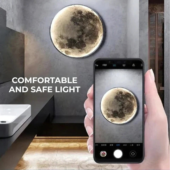 "LED Moon Wall Lamp with serene glow, circular design, perfect for home decor in bedrooms and hallways, energy-efficient."
