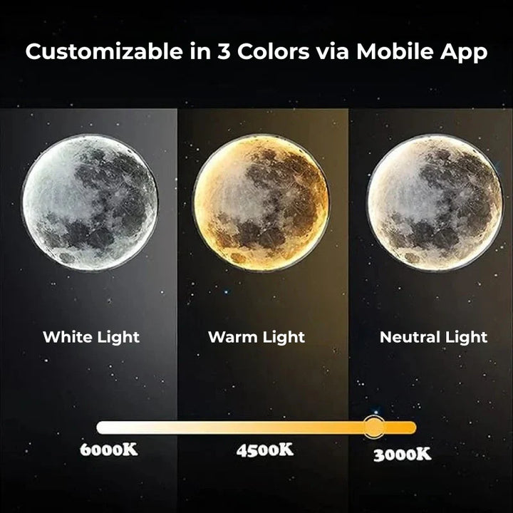 "LED Moon Wall Lamp with serene glow, circular design, perfect for home decor in bedrooms and hallways, energy-efficient."