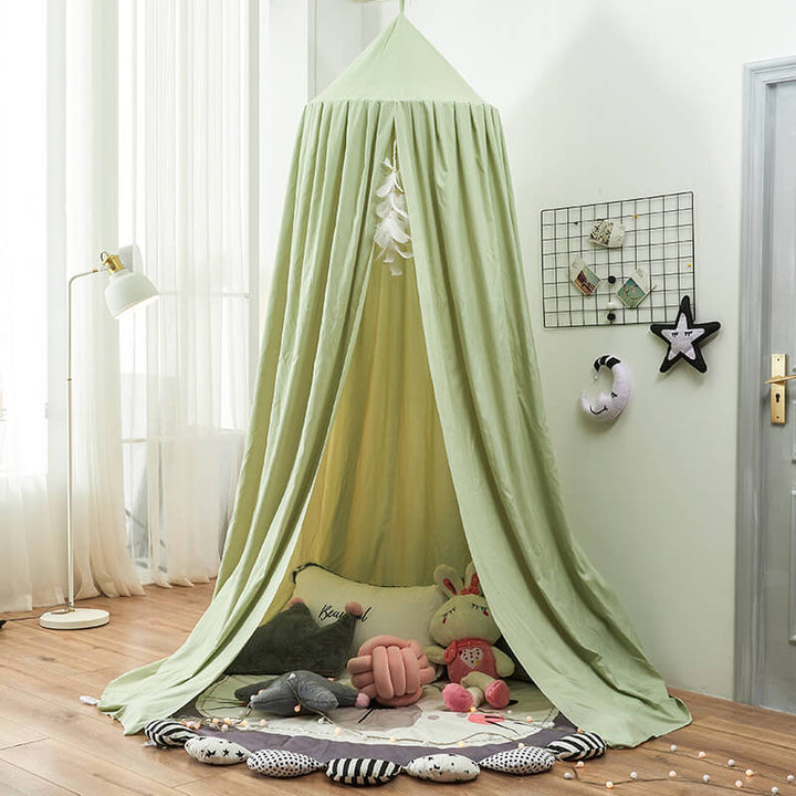 "Light green children's blackout bed canopy; elegant polyester fabric; blocks light; ideal for cribs, creating a cozy vibe."