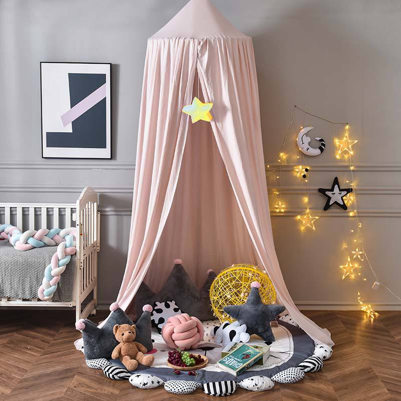 "Light green children's blackout bed canopy; elegant polyester fabric; blocks light; ideal for cribs, creating a cozy vibe."