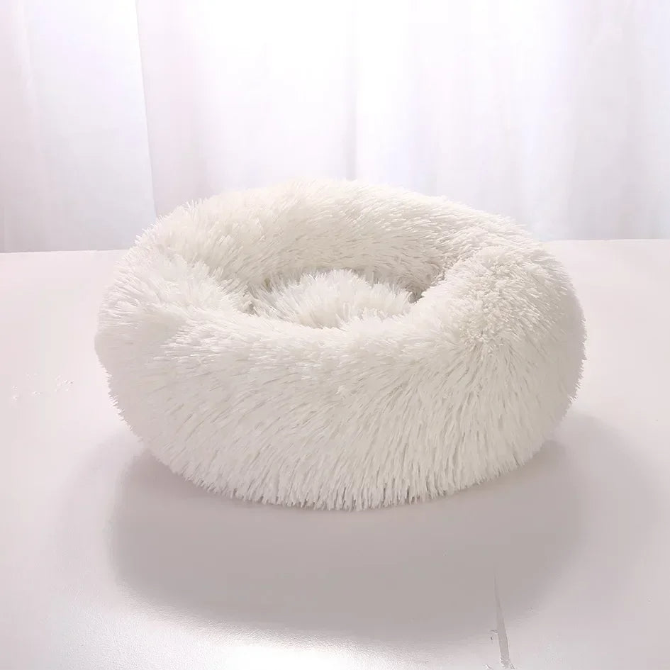 "Light grey premium dog bed offering comfort for pets, featuring plush design and elevated edges for head and neck support."