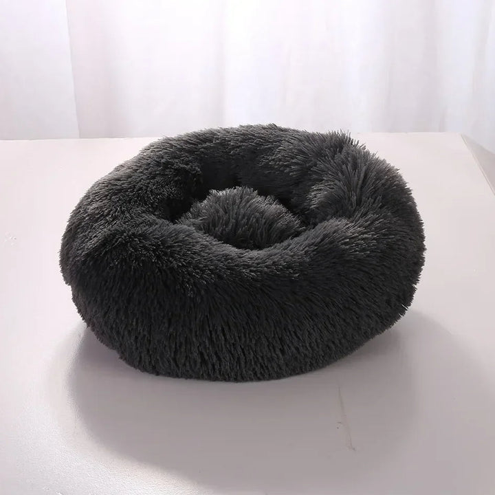 "Light grey premium dog bed offering comfort for pets, featuring plush design and elevated edges for head and neck support."