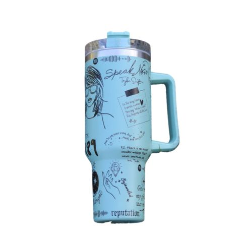 "Limited edition stainless steel tumbler with custom design, handwritten lyrics, vibrant colors, and ergonomic handle."