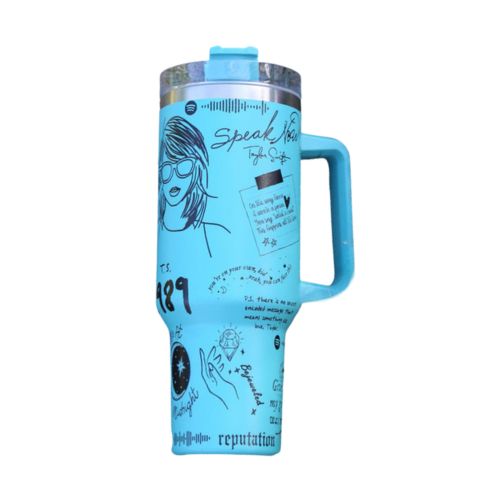 "Limited edition stainless steel tumbler with custom design, handwritten lyrics, vibrant colors, and ergonomic handle."