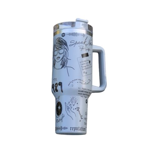 "Limited edition stainless steel tumbler with custom design, handwritten lyrics, vibrant colors, and ergonomic handle."