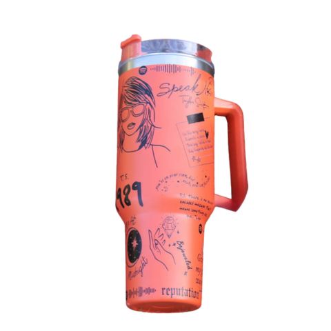 "Limited edition stainless steel tumbler with custom design, handwritten lyrics, vibrant colors, and ergonomic handle."