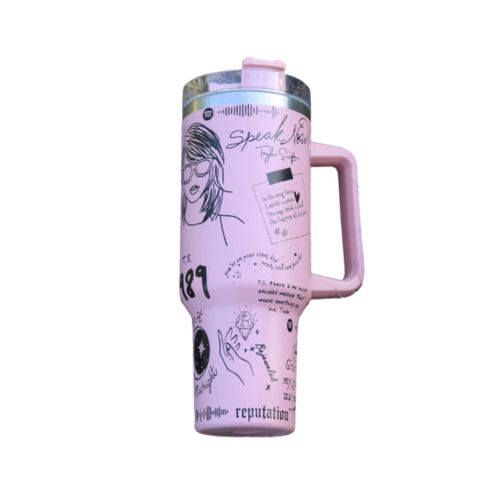 "Limited edition stainless steel tumbler with custom design, handwritten lyrics, vibrant colors, and ergonomic handle."