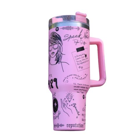"Limited edition stainless steel tumbler with custom design, handwritten lyrics, vibrant colors, and ergonomic handle."