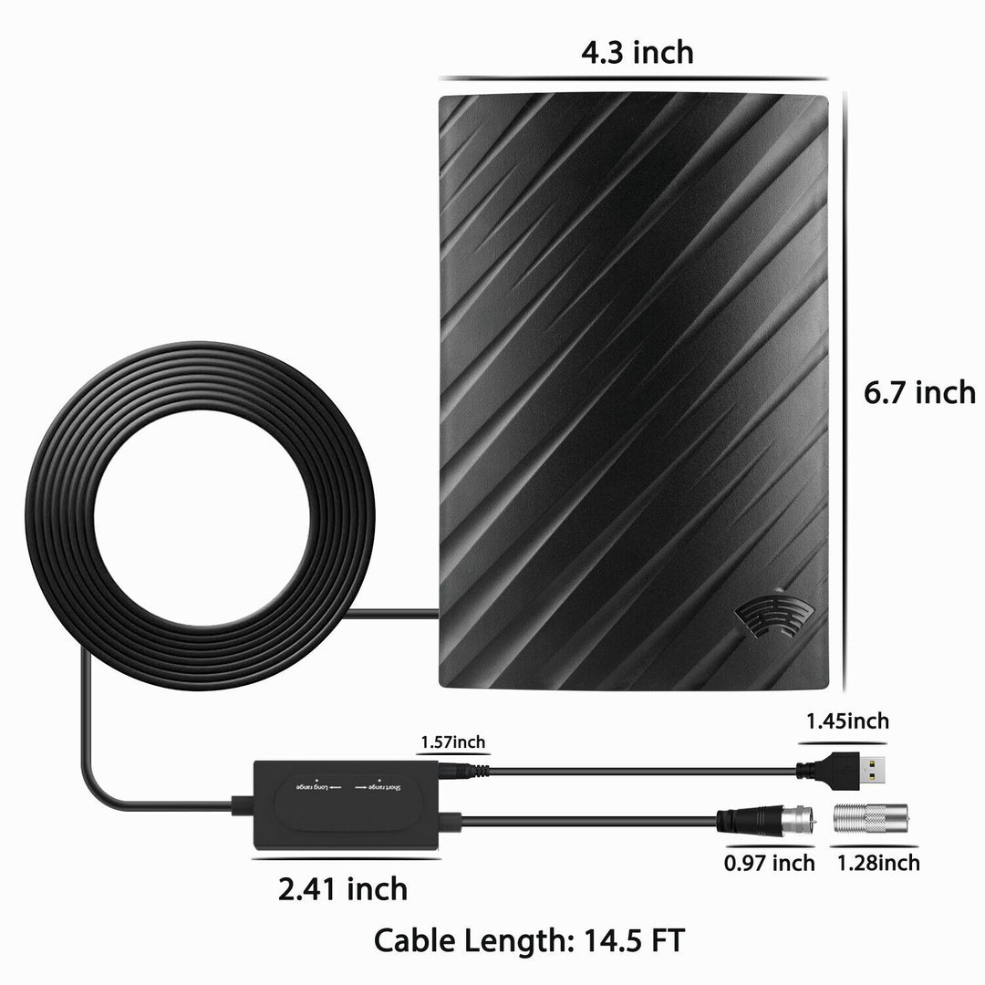 Long-range indoor HDTV 4K digital antenna with sleek black design, showcasing flexible installation and enhanced signal recep