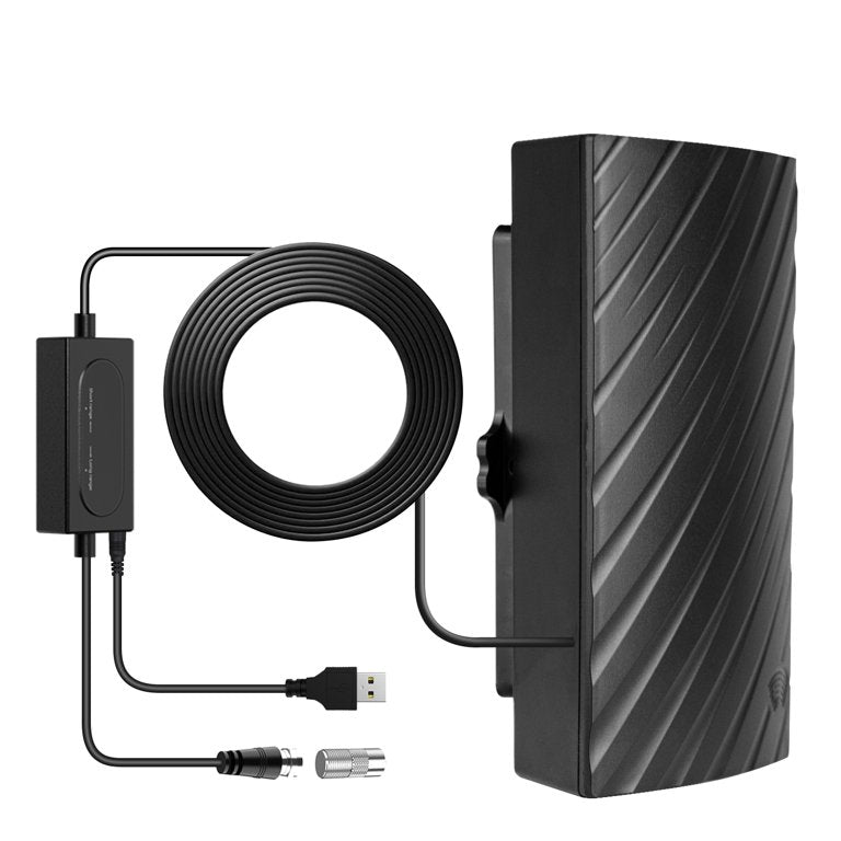 Long-range indoor HDTV 4K digital antenna with sleek black design, showcasing flexible installation and enhanced signal recep