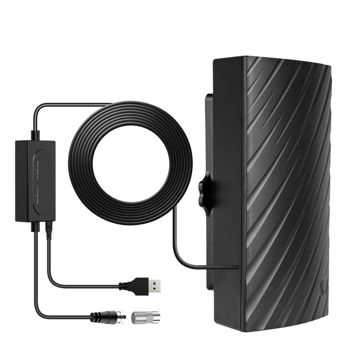 Long-range indoor HDTV 4K digital antenna with sleek black design, showcasing flexible installation and enhanced signal recep