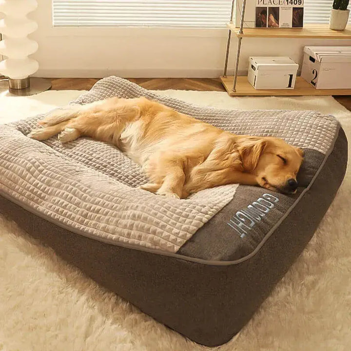 "Luxurious calming washable dog cushion in soft faux fur, available in sizes for all dogs, promotes stress-free relaxation."